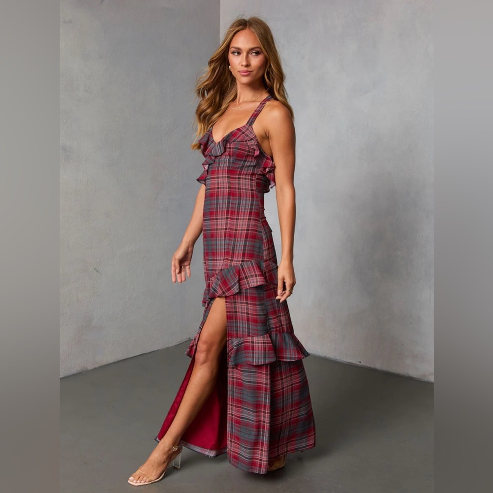 VICI  Reygan Ruffle Plaid Maxi Dress Red Plaid Ruffle Maxi Dress w/ Slit Size M - Picture 5 of 17